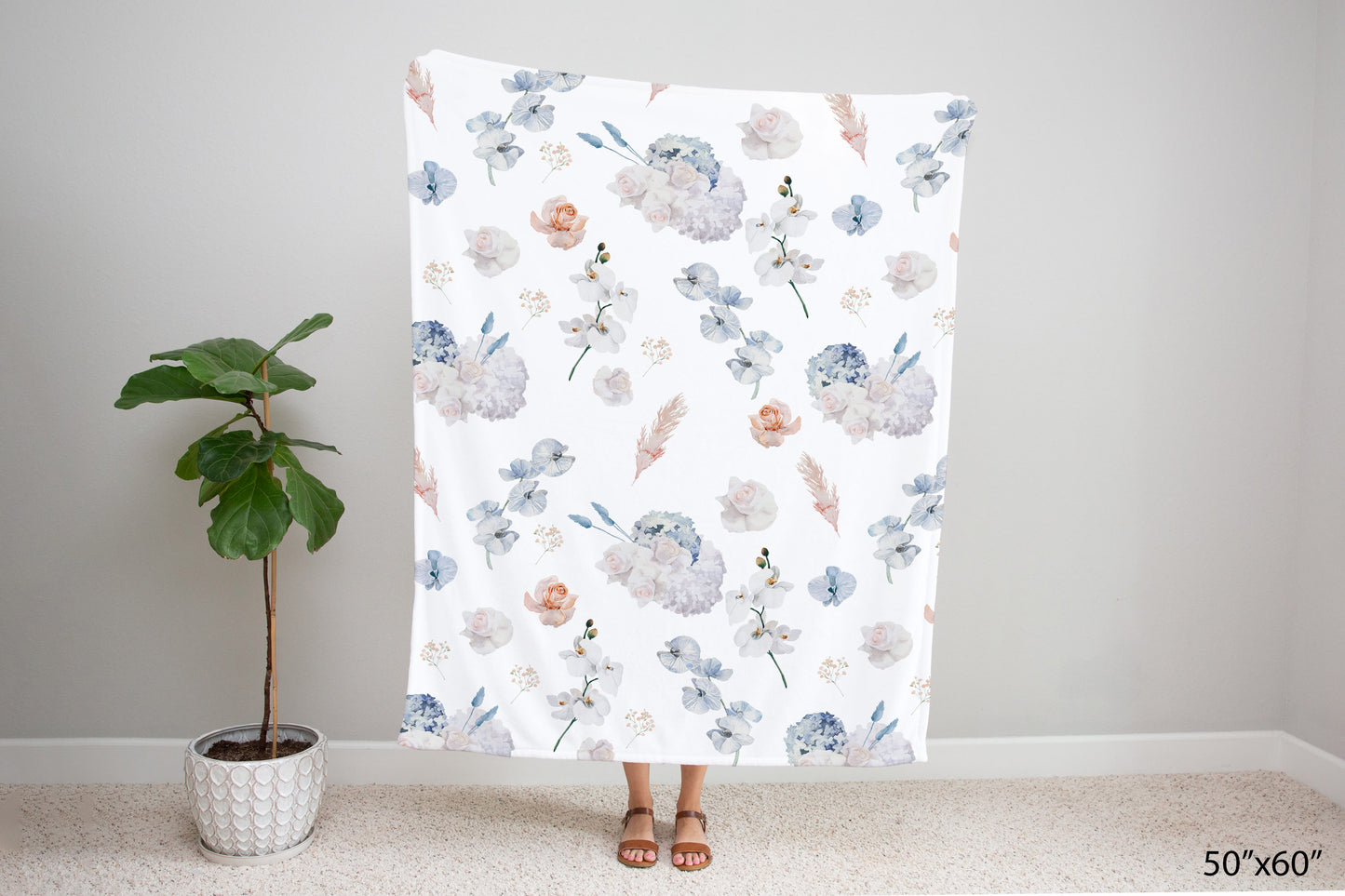 Coral and Dusty Blue Flowers Minky Blanket, Floral Nursery Bedding - Delicate Breeze