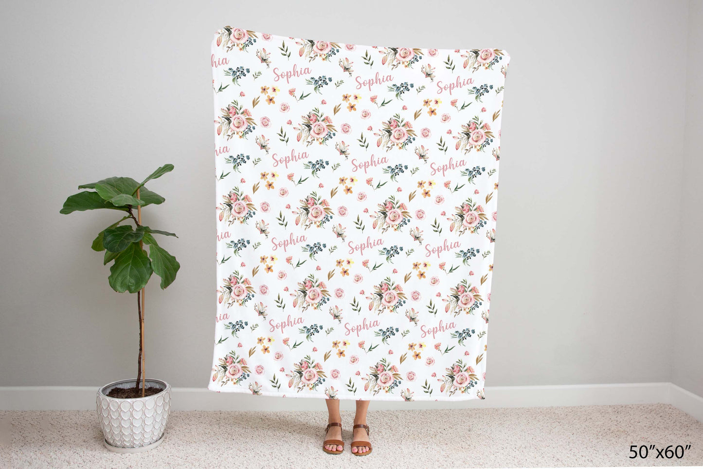 Pink floral Personalized Minky Blanket, Roses Nursery Bedding - Candy Rose