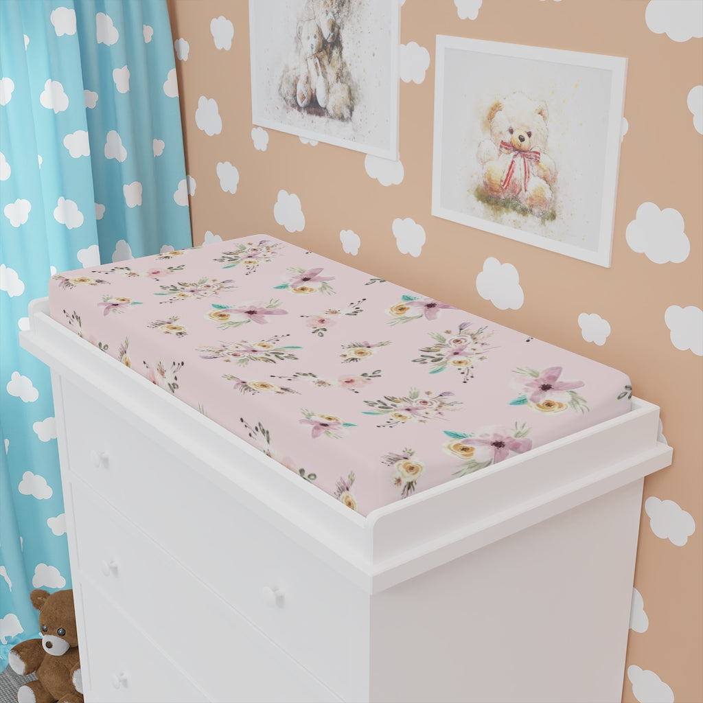 Pink Floral Changing Pad Cover | Roses Nursery Bedding - Forest Friends