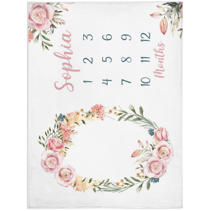 Personalized Pink Floral Minky Blanket, Watercolor Roses Milestone Blanklet - Candy Rose