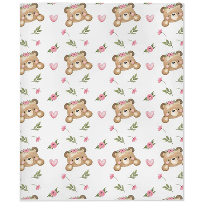 Floral Bear Minky Blanket - Girl Bear Nursery Bedding - Beary Pink