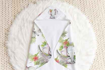 Tropical Leaves Hooded Baby Towel, Elephant Baby Girl Towel