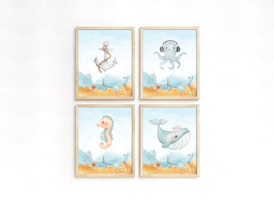 Under the Sea Wall Art, Ocean Nursery Prints - Set of 4