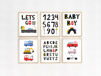 Transportation ABC and Numbers Wall Art, Trucks Nursery Prints - Set of 6