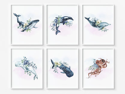 Floral Ocean Animals Wall Art, Under the sea Nursery Prints Set of 6