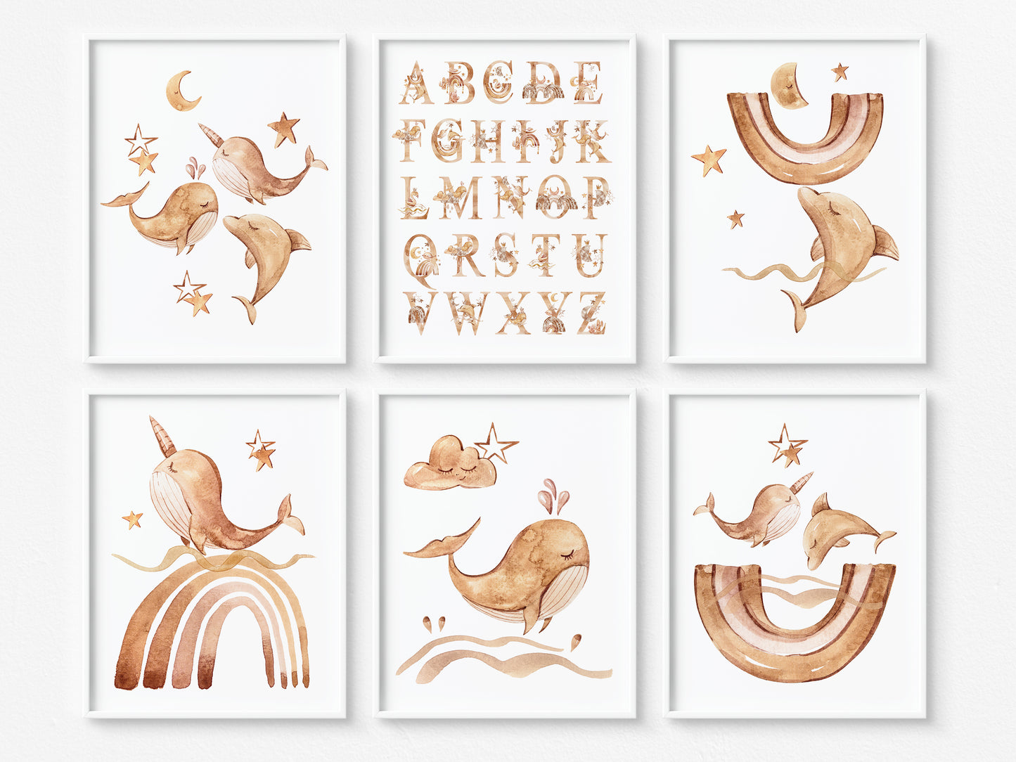 Boho Alphabet Wall Art, Ocean Nursery Prints Set of 6