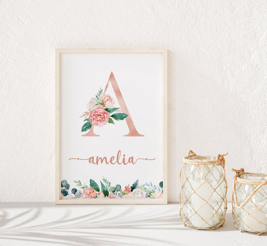 Personalized Baby name Print, Floral Nursery Decor