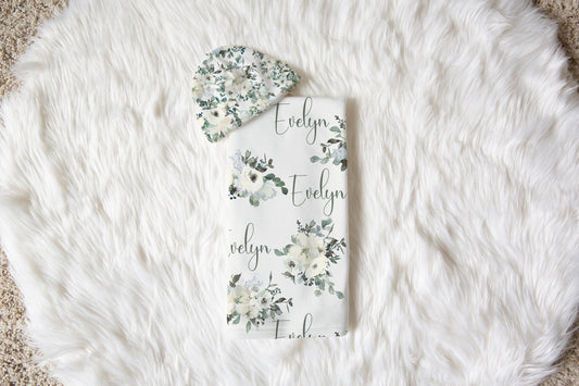 White Floral Swaddle Set, Baby Girl Hospital Blanket - Ivory Florals
