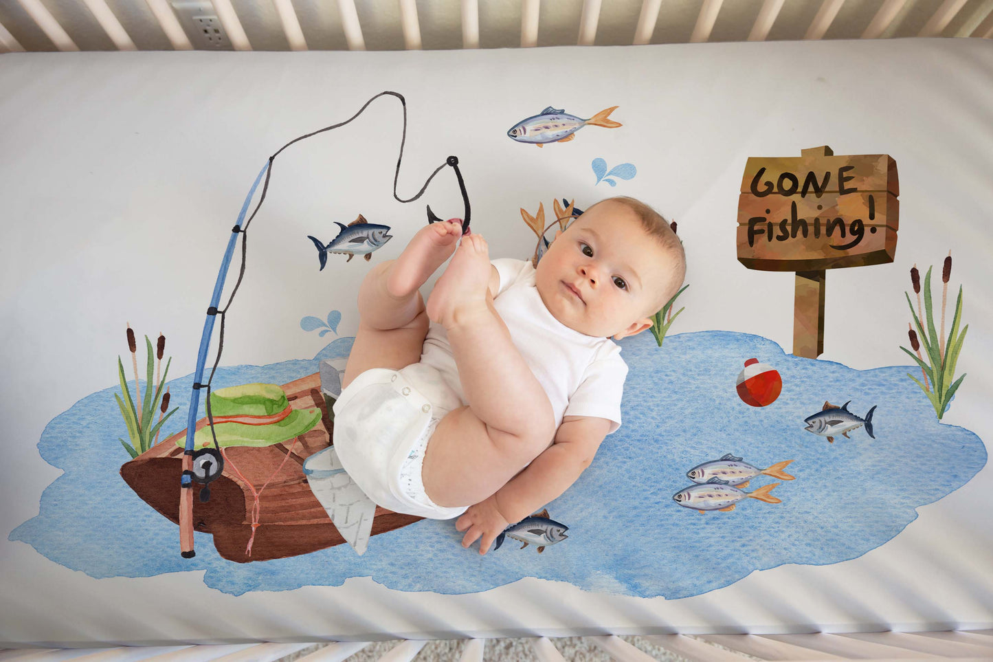 Fishing Crib Sheet, Gone fishing Nursery Bedding- Little Fisherman