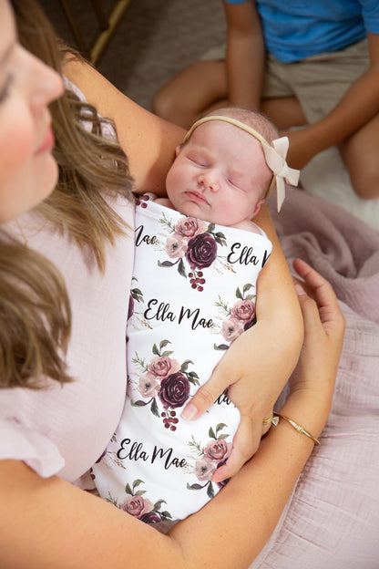 Roses Personalized Baby Swaddle Set, Floral Hospital Baby Girl Blanket - Rose Bloom