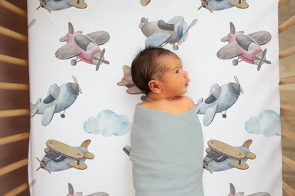 Airplanes Crib Sheet, Aviation Nursery Bedding- Little Aviator