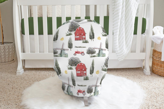 Red barn car seat cover | Farm nursing baby cover