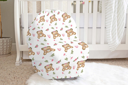 Floral Bear Car Seat Cover. Girl Woodland Nursing Cover - Beary Pink