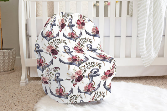 Floral Anchor Car Seat Cover, Nautical Girl Nursing Covers - Nautical Bloom