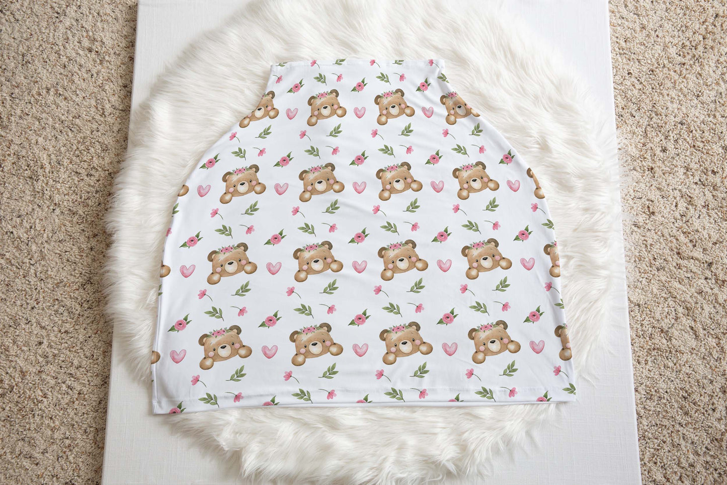 Floral Bear Car Seat Cover. Girl Woodland Nursing Cover - Beary Pink