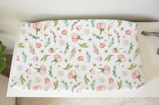 White Floral Changing Pad Cover, Baby Girl Nursery Decor - Pastel Garden