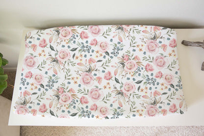 Pink Roses Changing Pad Cover, Watercolor Floral Baby Girl Nursery - Candy Rose