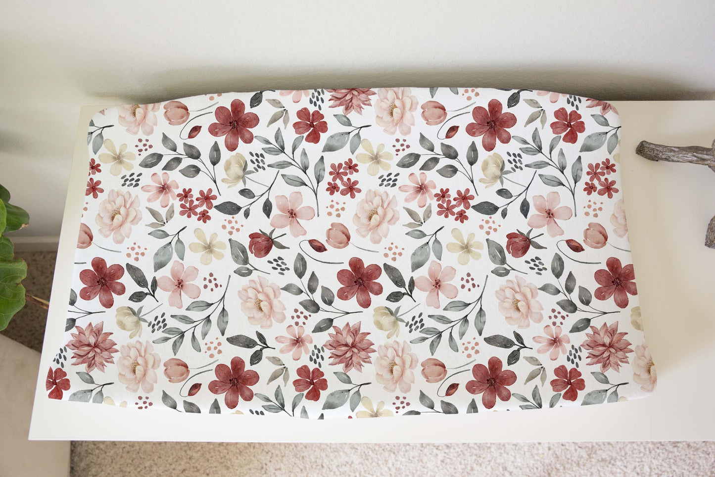 Peony changing pad cover, Floral nursery decor - Peonies garden