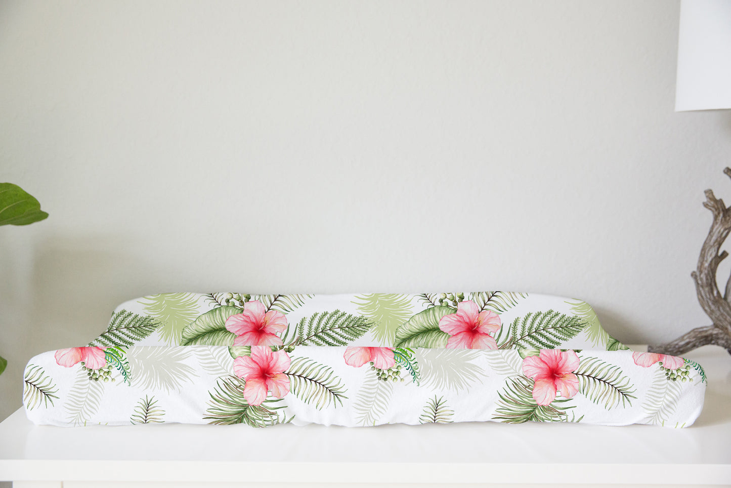 White Tropical Leaves Changing Pad Cover