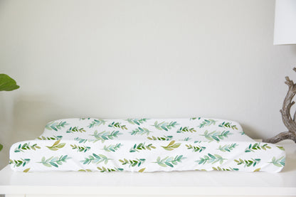 Greenery Leaves Changing Pad Cover, Neutral Nature Nursery Decor - Pastel Garden