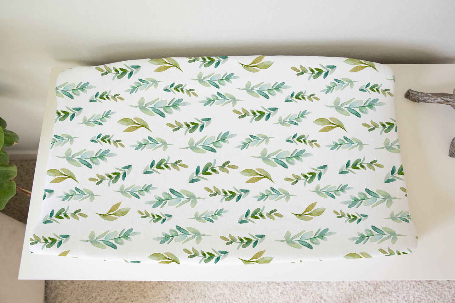 Greenery Leaves Changing Pad Cover, Neutral Nature Nursery Decor - Pastel Garden