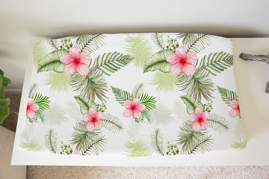 White Tropical Leaves Changing Pad Cover