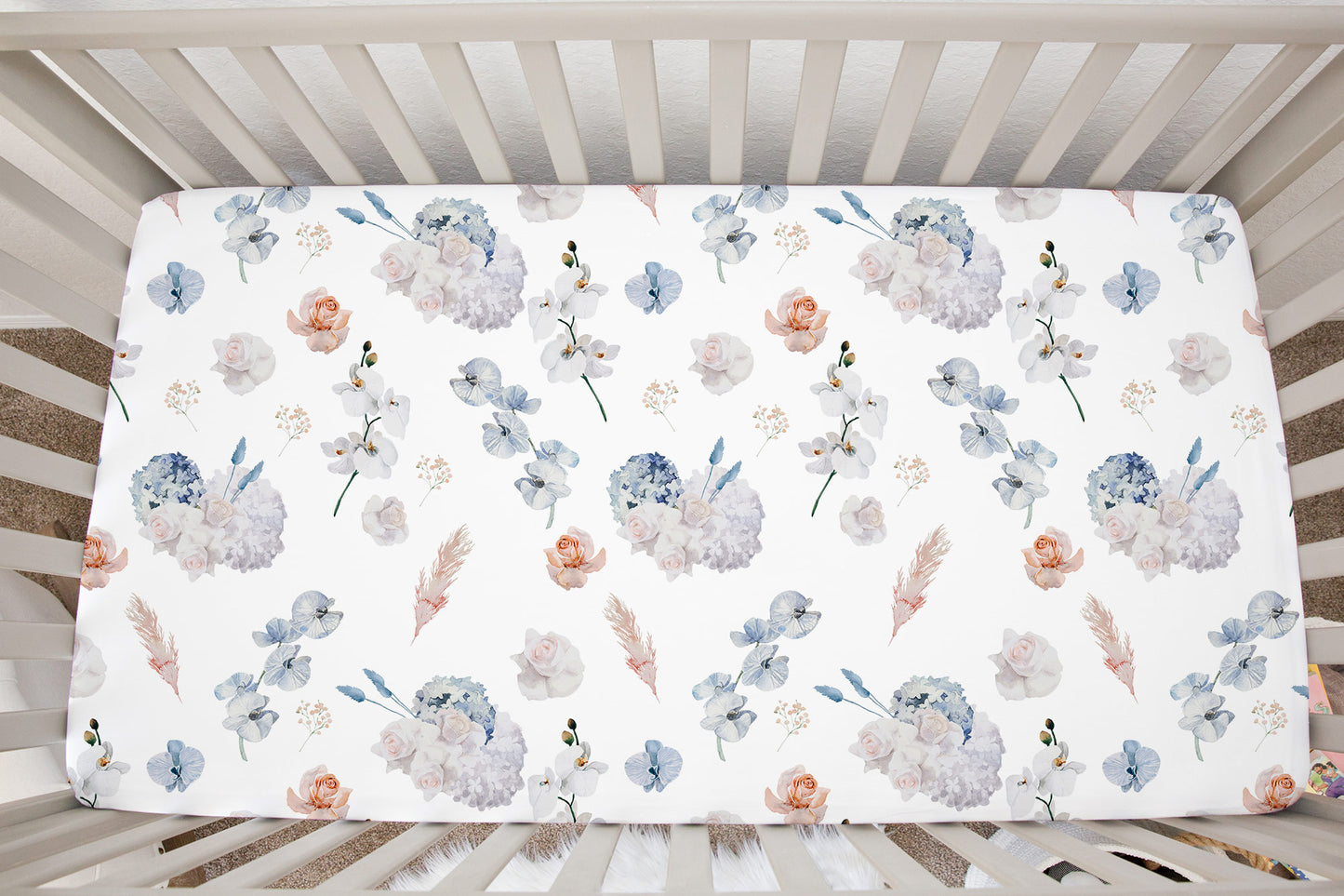 Coral and Dusty Blue Flowers Crib Sheet, Flora Nursery Bedding -Delicate Breeze