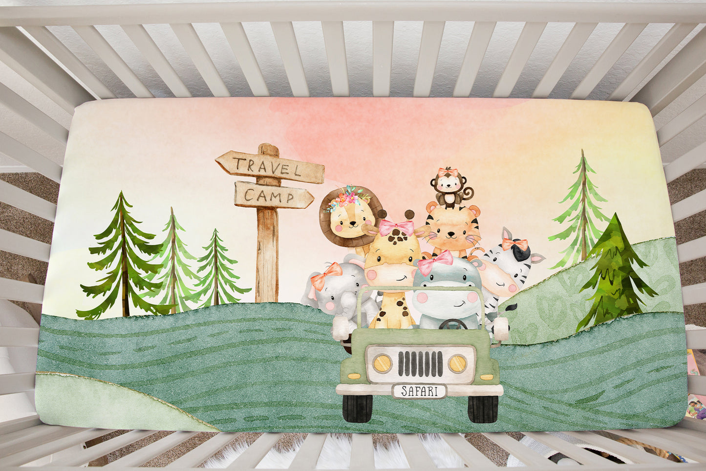 Jeep Minky Crib Sheet, Jungle Animals Girl Nursery Bedding - Girl Safari Explorer