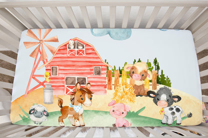 Farm Animals Minky Crib Sheet, Barnyard Nursery Bedding - Farm Babies