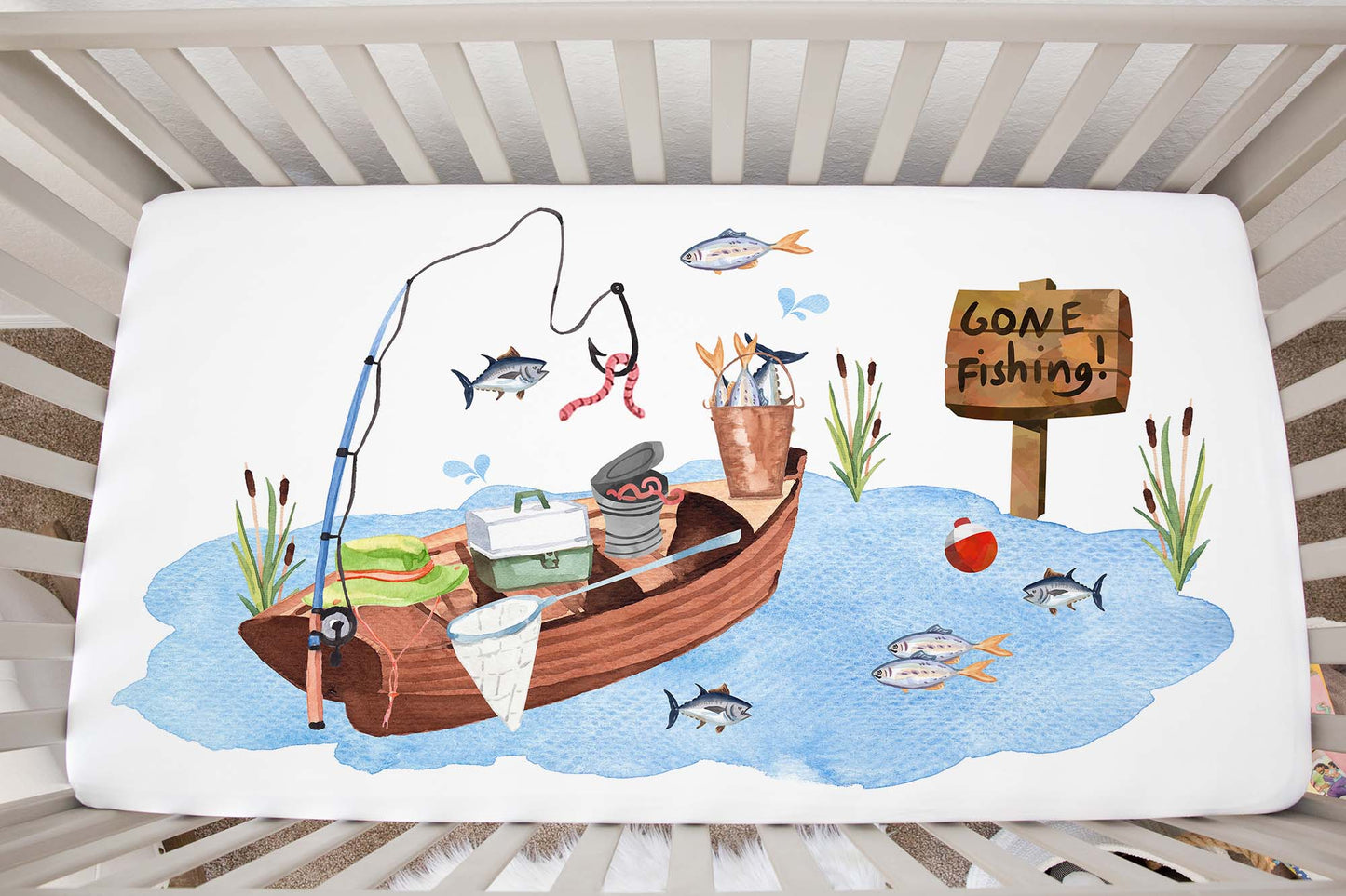 Fishing Crib Sheet, Gone fishing Nursery Bedding- Little Fisherman