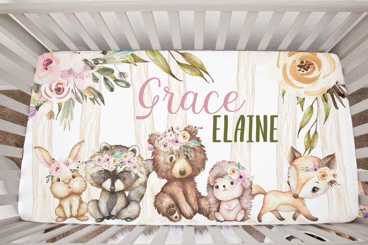 Woodland girl Personalized Crib Sheet, Forest Baby Girl Nursery Bedding - Forest Friends