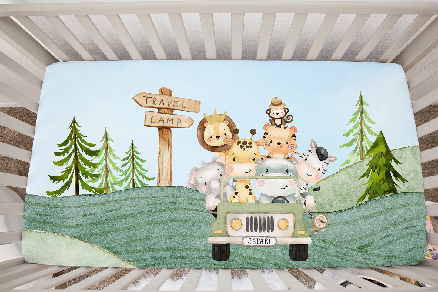 Jeep Minky Crib Sheet, Jungle Nursery Bedding - Safari Explorer