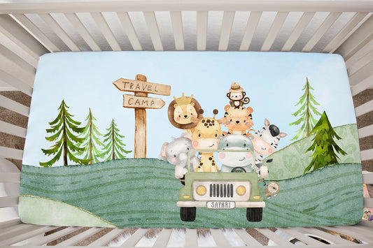 Jeep Minky Crib Sheet, Jungle Nursery Bedding - Safari Explorer