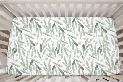 Floral Olives Crib Sheet, Greenery Nursery Bedding