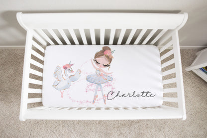 Swan and Ballerina Personalized Crib Sheet, Ballet Nursery Bedding - Sweet Ballet