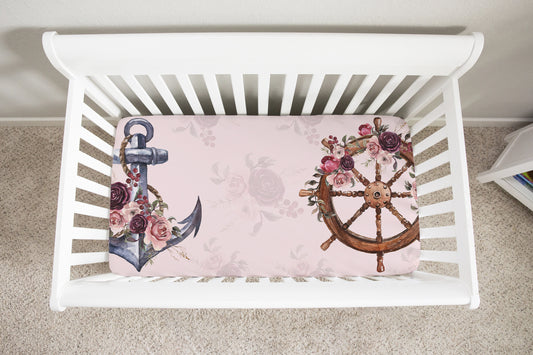 Anchor and Helm Minky Crib Sheet, Nautical Girl Nursery Bedding - Nautical Bloom