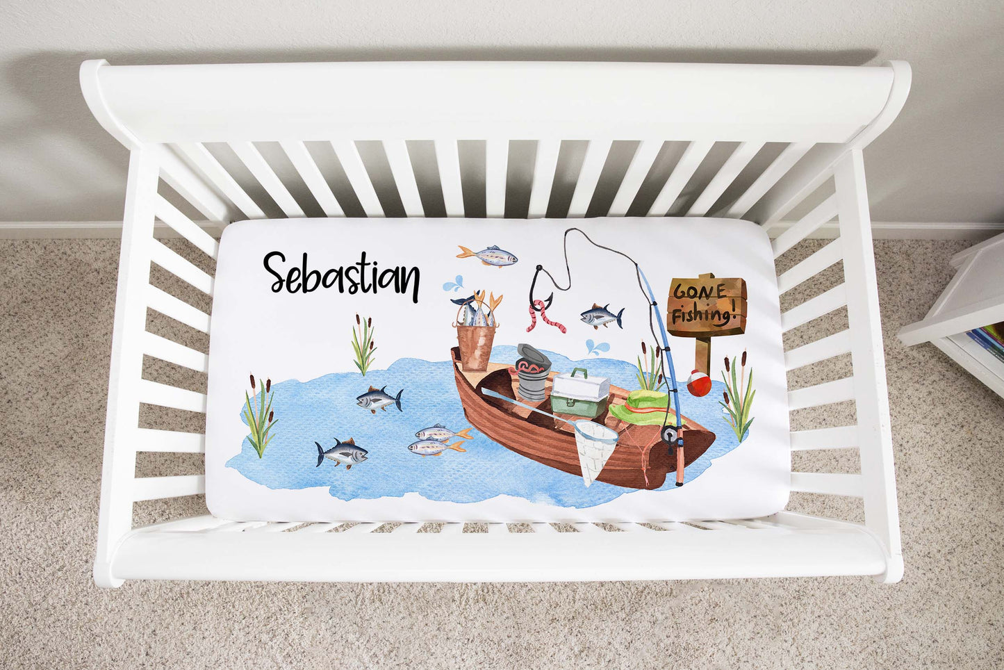 Fishing Personalized Crib Sheet, Fishing Nursery Bedding - Little Fisherman