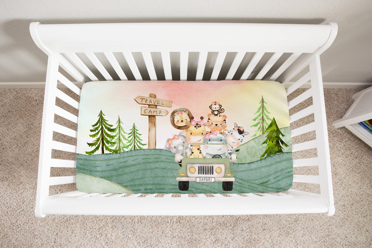 Jeep Minky Crib Sheet, Jungle Animals Girl Nursery Bedding - Girl Safari Explorer
