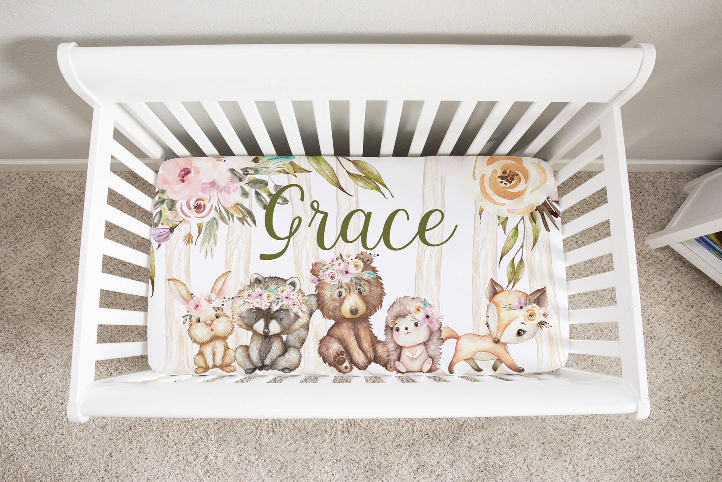 Woodland girl Personalized Crib Sheet, Forest Baby Girl Nursery Bedding - Forest Friends