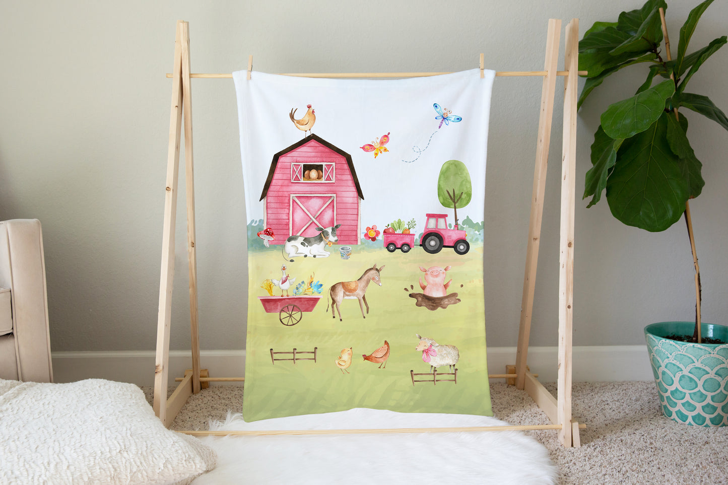 Girl Farm Minky Blanket, Girl Barnyard Nursery Bedding - Farm Sweet Farm