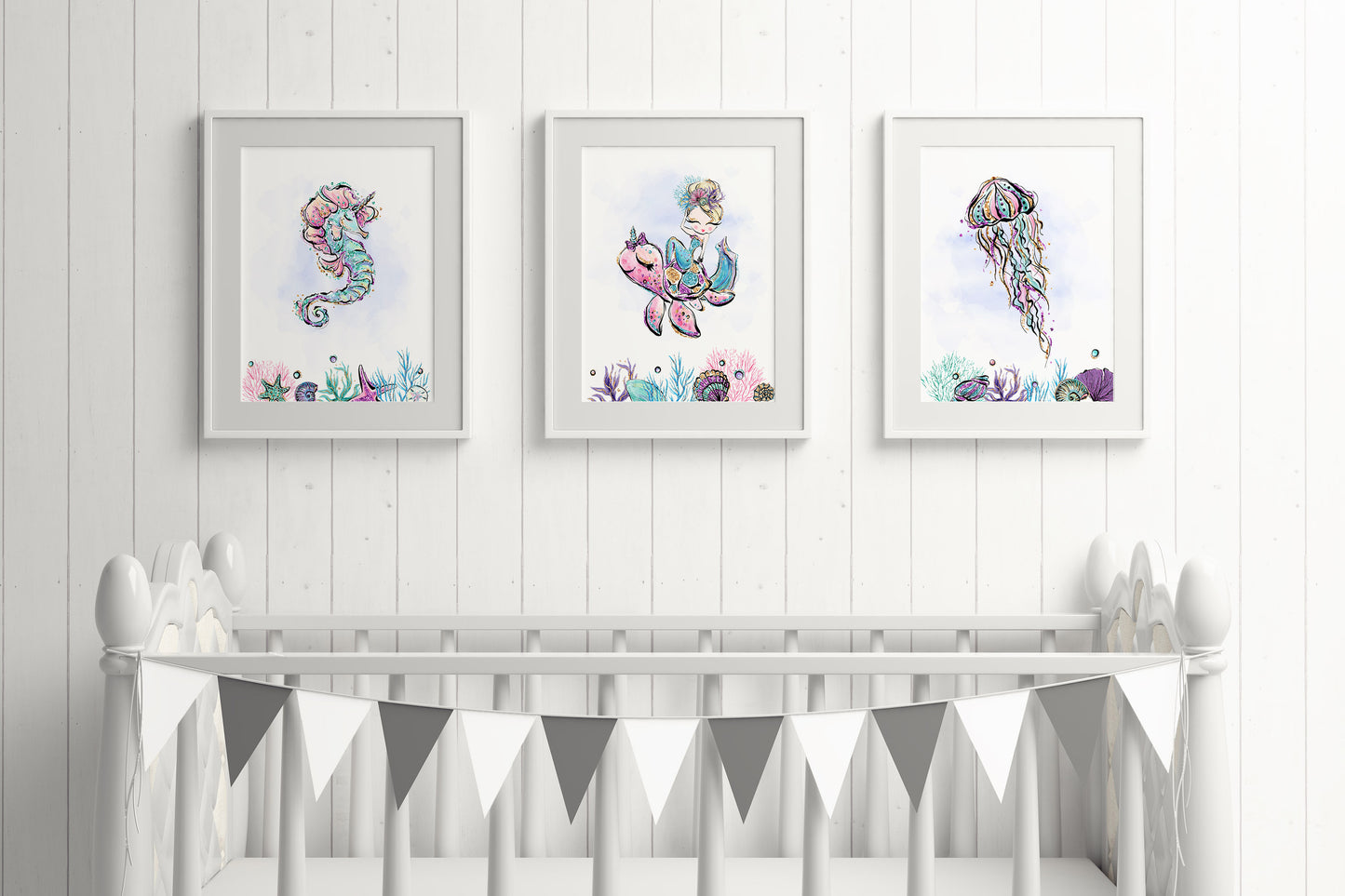 Mermaid Nursery Prints, Under The Sea Wall Art Set of 3 - Mermaid World