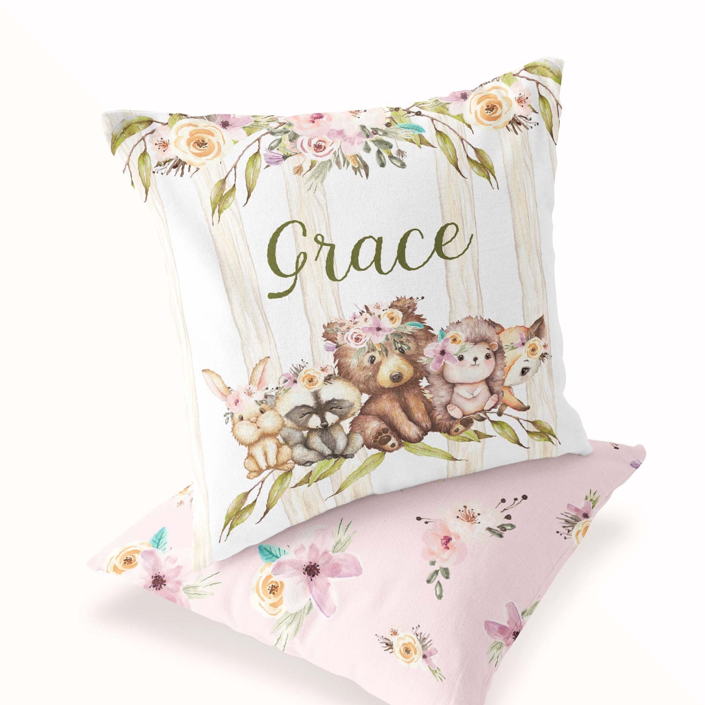 Floral Woodland Personalized Pillow, Woodland Nursery Decor - Forest Friends