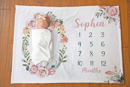 Personalized Pink Floral Minky Blanket, Watercolor Roses Milestone Blanklet - Candy Rose