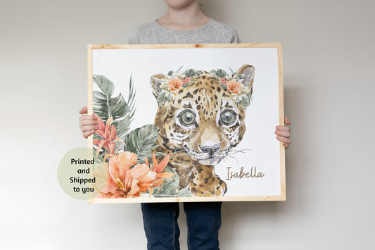 Personalized Girl Leopard wall art, Safari Nursery Print Unframed