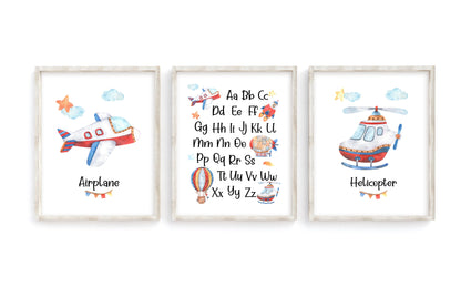 Transportation Abc Wall Art, Airplanes Nursery Prints set of 3