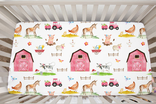 Girl Farm Minky Crib Sheet, Barnyard Nursery Bedding - Farm Sweet Farm