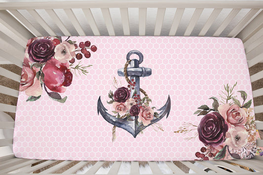 Nautical Bloom Floral Anchor Minky Crib Sheet, Girl Nautical Nursery Bedding