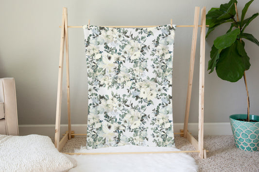 White Floral Minky Blanket, Girl Bedding - Ivory Florals