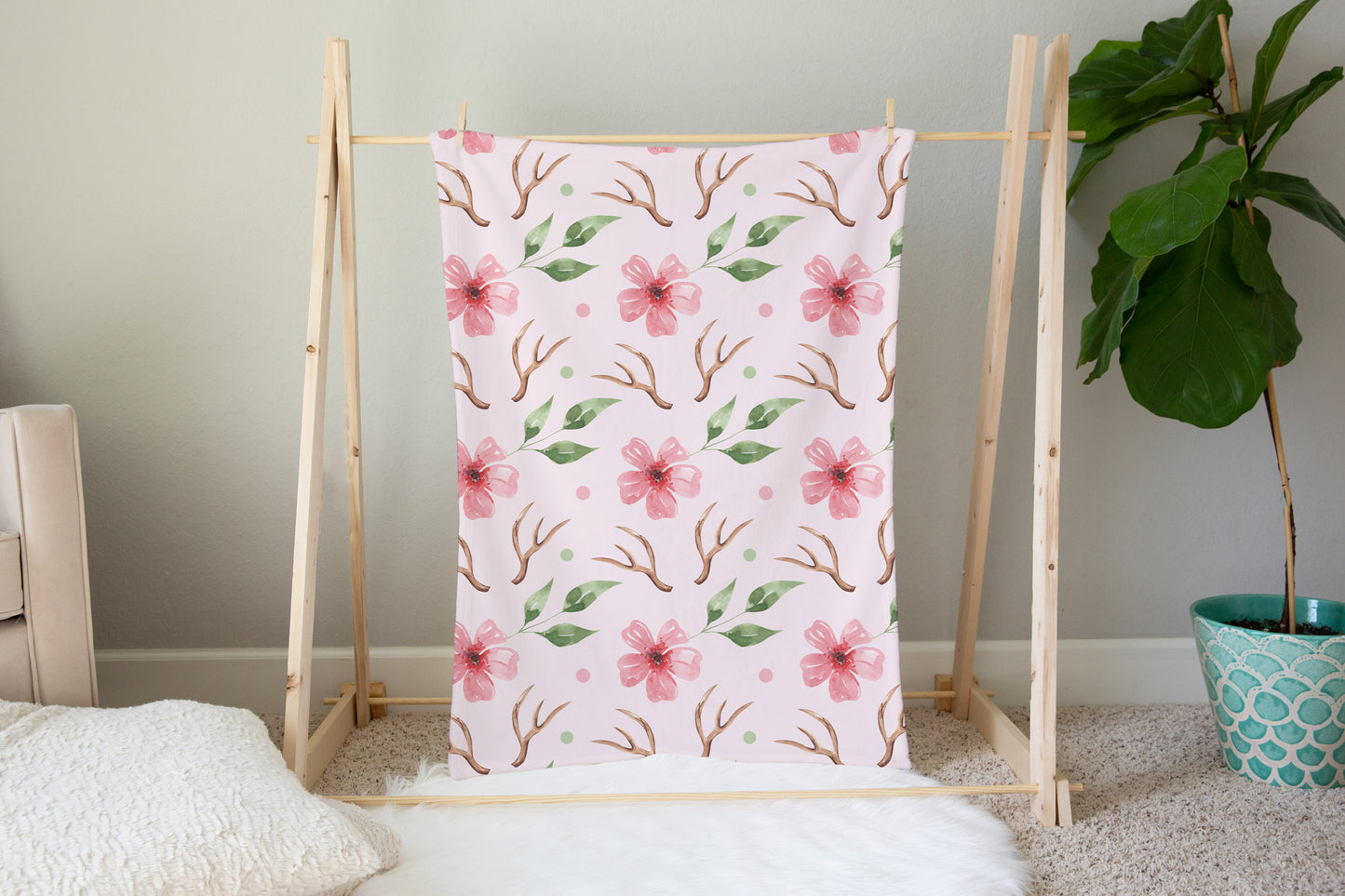 Pink Watercolor Antler Minky Blanket, Boho Nursery Bedding