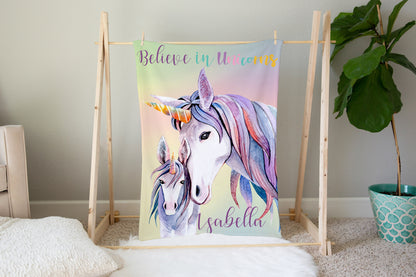 Believe in Unicorns Personalized Minky Blanket, Unicorn Nursery Bedding